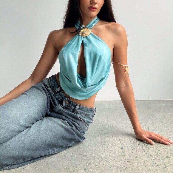 Multicolor Casual Women's Sexy Criss-Cross Wrap Draped Neck Hollow Out Cami Top - Picture 4 of 7